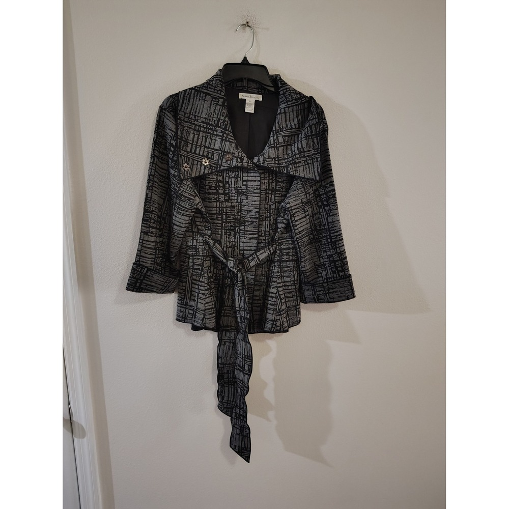 Susan Bristol Womens XL Black Grey Abstract Grid Belted Portrait Collar Jacket